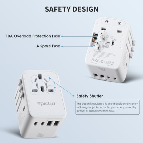 Image of Epicka 70W GaN PD Universal Travel Adapter, 3USB-C /2USB-A | International Power Adapter for EU /US /UK /AU, PD Fast Charging for Multi-Device Travel, TA-105 Pro, White