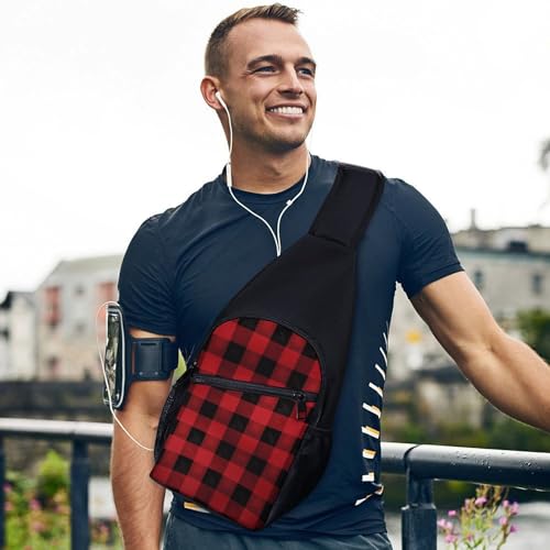 Mochila cruzada ligera con diseño cuadros rojo y negro para senderismo miniatura 3