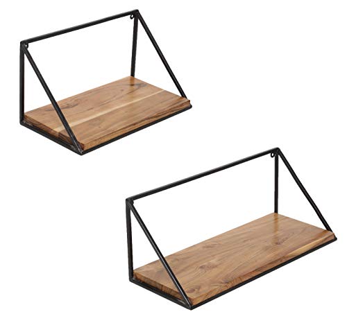 Image of Wooden Wall Mount Iron Storage /Outdoor /Garden Shelf (Acacia Wood, Natural Finish, Big & Medium)