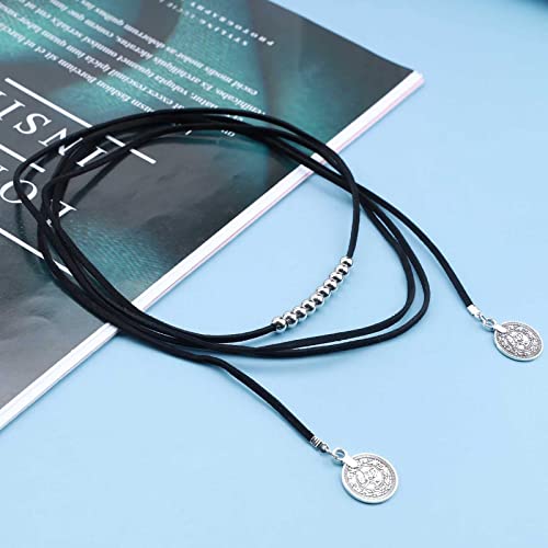 Yheakne Boho Lange Lederhalskette Schwarzes Leder Wrap Choker Halskette Vintage Disc Coin Halskette Vagan Wildleder Halskette Kette Schmuck für Frauen und Mädchen (Schwarz)