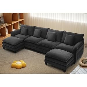 Cloud Couch, 140″ Modular Sectional Sofa with Movable Ottoman, U Shaped Modern Sofa with Pillows, Deep Seat Couches for Living Room, Bedroom and Apartment, Comfy Couch, Black