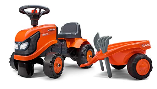 Falk Kubota Tractor with Trailer, Rake and Shovel, 2 Sets of Stickers, Push Ride-On Toy for Toddlers 1-3 Years FA260C