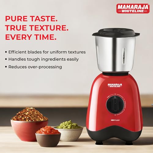 Image of Maharaja Whiteline Neo 1..2..3 Mixer Grinder | 500 W Motor, 20,000 RPM | Long Running Time, Cooler Operation | Durable Coupler, Vacuum Foothold | Stainless Steel Blades | 2 Versatile Jars