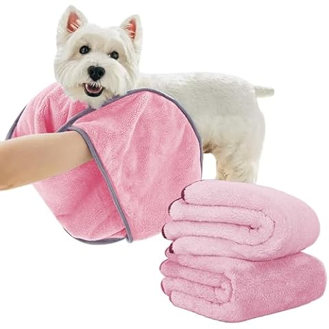 KUEIOX Dog Towels for Drying Dogs Small Medium Large, 2 Pack Dog Cat Drying Bath Towel 30.3"x13.8" with Hand Pocket,Absorbent Pet Towel for Dog Cat Pink Cover