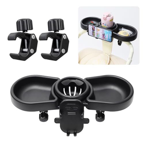 Vihir Bandeja para Cochecito de Bebé, 4 en 1 Bandeja de bocadillos Universal para Cochecito con Portabocadillos y Soporte para Móvil, Clip Ajustable Giratorio 360°, para Cochecitos con Reposabrazos