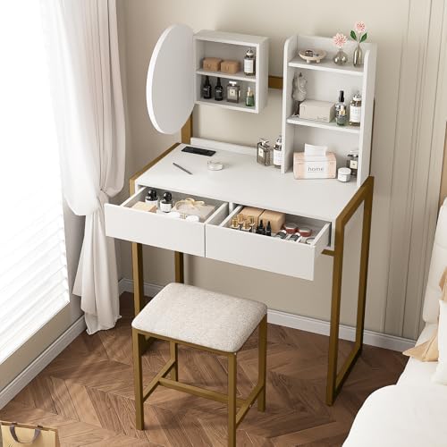 Image of Small Vanity Desk with Mirror and Lights, Makeup Vanity Table with LED Mirror, 3 Lighting Modes, Power Outlet, Drawer, Open Shelves and Cushioned Stool for Bedroom (Gold)