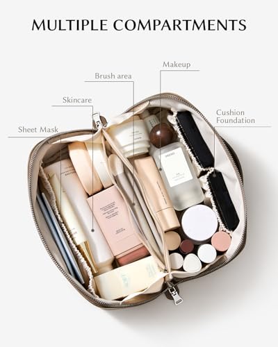 Image of EACHY Travel Makeup Bag, Lychee Leather Large Capacity Cosmetic Bag for Women, Open Flat Toiletry Bag with TPU Brush Compartment, Waterproof Skincare Organizer Travel Essentials