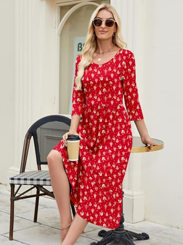Image of Heymoments Women Dresses Tree Trunk Small Crewneck 3 /4 Sleeves Wedding Guest A line Casual Flowy Swing Party Vintage Spring Fall Winter Beach Travel 2026 Long Midi Dress with Pockets