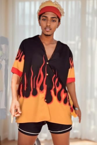 Women Flame Button Down Shirts Short Sleeve Men Bowling 3D Graphic Tops Print4