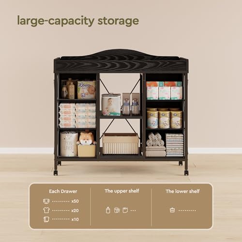 Image of YeTom Changing Table, 6-Drawer Dresser, Adjustable Shelves, Mobile, Black