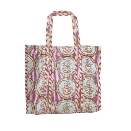 Image of Quilted Cotton Handprinted Reversible Large multicolor Floral Tote Bag,Hand Block Print Shopping Shoulder Carry Bag