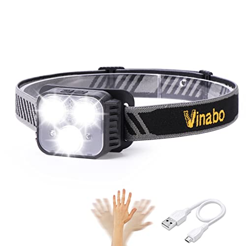Vinabo Head Torch Rechargeable, LED Headlamp with Red Warning Lights, Camping Headlight with Sensor Control, 6 Light Modes, IPX4 Waterproof for Fishing, Camping, Hiking, Cycling, Running