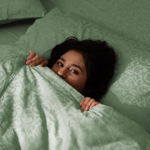 Image of Blue Dahlia 100% Cotton, Queen Size Elastic Fitted Bedsheet (60 inchx78 inch) + 2 Pillow Covers, Fits Upto 10 inch Mattress, 300TC Premium Bedsheet, Blooming Coral Jacquard Pattern - Sage Green