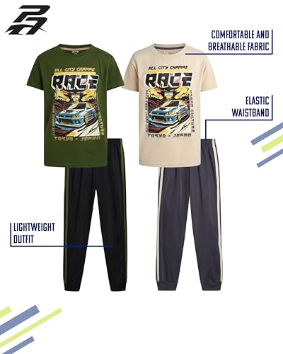 Pro Athlete Boys Sweatsuit Set - 4 Piece Short Sleeve Crewneck Athletic Graphic Tees and Tricot Jogger Sweatpants for Boys, Size 10-12, Beige/Olive Race