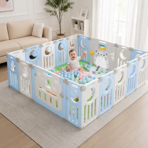 Image of 16 Panel Playpen for Babies Upto 5 Year Foldable Baby Kids Fence Playard Playpen with Mat & Balls Activity Play Yard for Kids Play Area Indoor Setup Fence for Toddlers Outdoor Playarea with Gate(Blue, 6 * 5ft=30sqft)