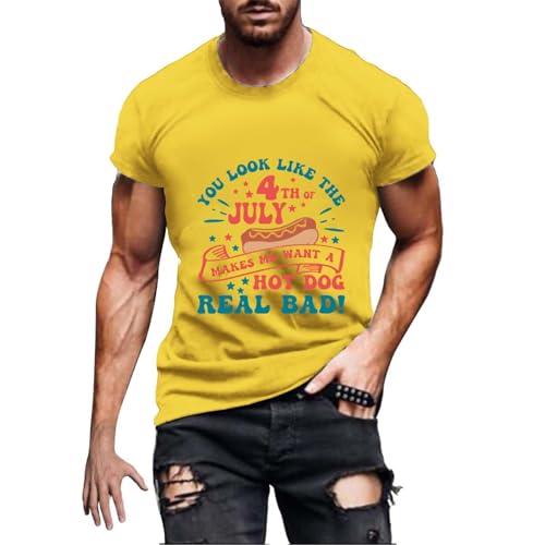 Camisetas informales para hombre para el día a día, tiempo libre, actividades al aire libre, con estampado de perrito caliente, ajuste cómodo, ideal para primavera y verano, amarillo, S