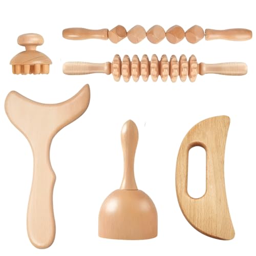 6 Piece Wooden Massage Tool Set with Massage Roller Stick Gua Sha Tool Trigger Point Massager Scalp Massager and Body Massage Tools for Back Neck Shoulders Legs Feet