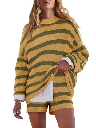 LAMISSCHE Womens Oversized Lounge Sets 2 Piece Outfits Striped Matching Pajama Set Long Sleeve Sweater Set(Yellow&Green,S)