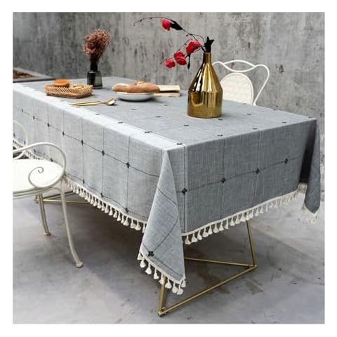 Lieson Tablecloth Rectangular 140x240 CM, Cotton Linen Table Cloths Washable Embroidered Plaid Pattern Cover