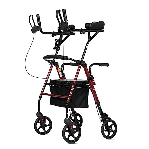 ELENKER Upright Walker, Forearm Rollator Walker Stand Up Rolling Walker with Padded Seat and Backrest for Seniors from 5’ to 5’11”, Red