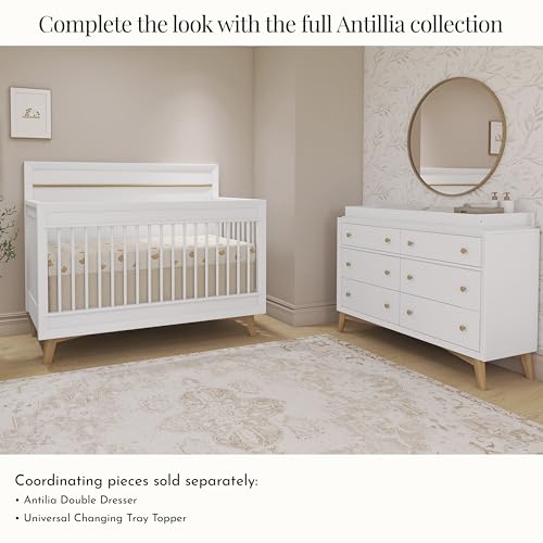 Image of Evolur Loft Antilia Mid-Century 4-in-1 Convertible Crib in White & Natural, GREENGUARD Gold Certified, Converts to Toddler Bed, Daybed & Full Bed, Fits Standard Crib Mattress, Adjustable Mattress Base