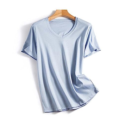 T-shirt col V femme manches courtes top ample tunique bleu été