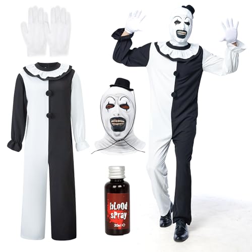IEEILULU Costume Clown Tueur, Deguisement Clown Horreur Homme, Halloween Costume Terrifier Art the Clown Homme avec Combinaison Noire Blanche et Chapeau de...