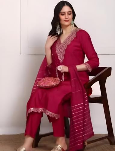 Image of Women's Viscose Rayon Embroidered Kurta Pant Set with Dupatta