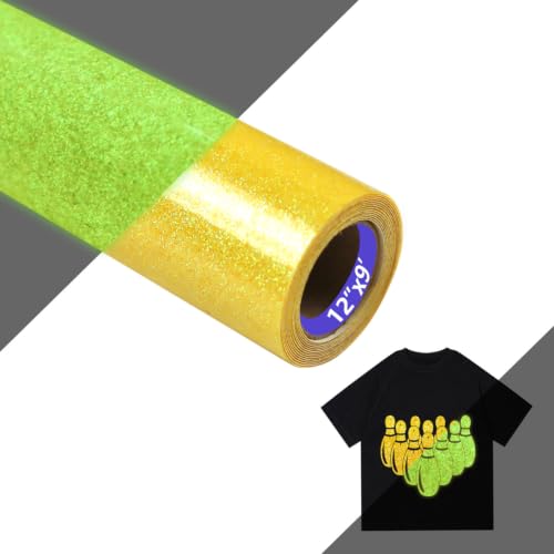 Image of HTVVETUR Glitter Gold Heat Transfer Vinyl, Glow in The Dark HTV Vinyl Roll 12 inch x 9ft, Easy to Cut & Weed for Heat Press DIY Craft