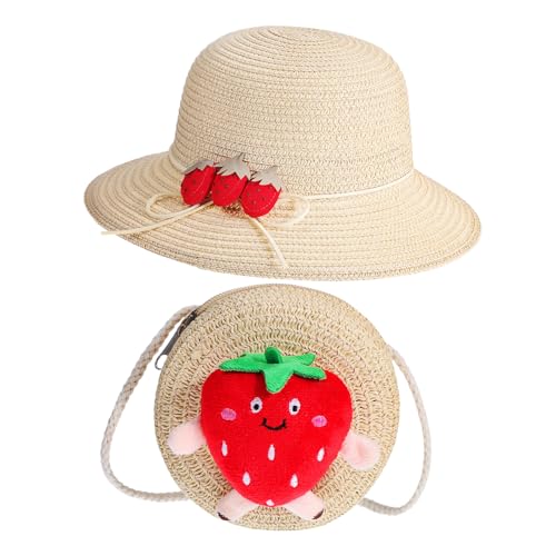 Strawberry Shaped Purse Woven Straw Bag Crossbody Shoulder Bag Matching Hat Summer Accessory