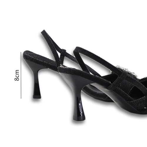 Women's Rhinestone Denim Cloth Kitten Heels Pumps Fashion Closed Pointed Toe Slip-On Slingback Low Heel Dress Sandals for Wedding Party Evening4