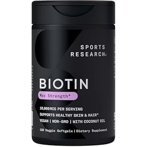 Sports Research® Biotin 10,000mcg with Organic Coconut Oil – Biotin (Vitamin B7) for Healthy Skin and Hair Support* – for Women and Men – Vegan, Non-GMO, Gluten & Soy-Free – 120 Veggie Softgels