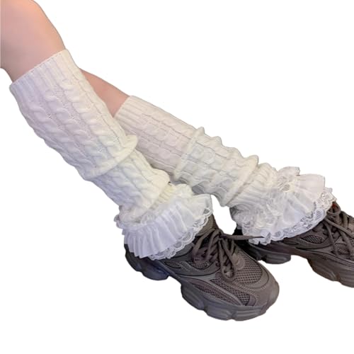 Japanese Women Twist Cable Knit Bowknot Leg Warmer Socks Princess Tiered Ruffled Lace Leg Stockings