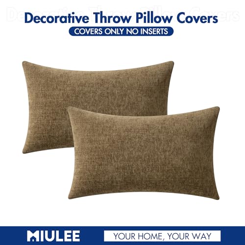 Image of MIULEE Pack of 2 Coffee Throw Pillow Covers 12x20 Inch Soft Chenille Lumbar Pillow Covers for Sofa Living Room Couch Fall Home Decor Solid Dyed Cases