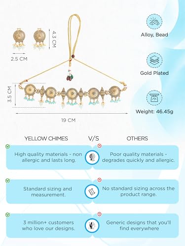 Image of Yellow Chimes Jewellery Set for Women Traditional Gold Plated Choker Necklace Set For Women I Eternal Classics | Ethnic Style Blue Beads Choker Set I Birthday Anniversary Gift for Women Wife