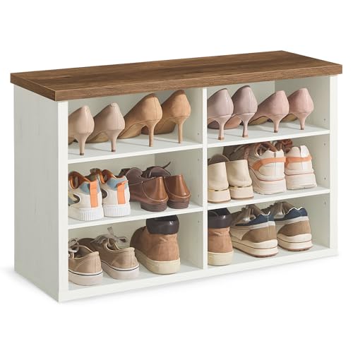 VASAGLE Schuhbank, Sitzbank mit Stauraum, Schuhregal 6 Fächer, verstellbare Ablagen, für Wohnzimmer, Flur, 29,5 x 80 x 50 cm, vintageweiß-honigbraun LSB032W201