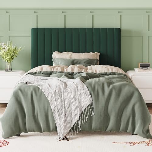 Image of Allewie Twin Bed Frame, Velvet Upholstered Platform Bed with Adjustable Vertical Channel Tufted Headboard, Mattress Foundation with Strong Wooden Slats, Box Spring Optional, Easy Assembly, Green