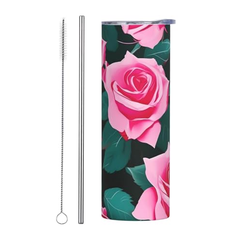 Juego de dos tazas de acero inoxidable con tapa, botella de agua aislada con impresión de rosas rosadas, fácil de transportar para cafetería, oficina, coche, deportes