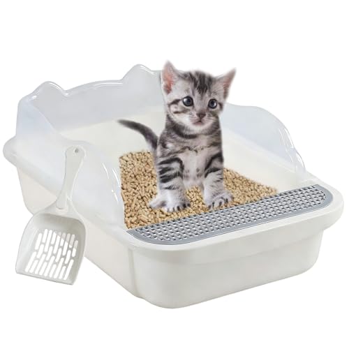 kathson Open Cat Litter Box with High Side,Anti-Splashing Cats Litter Pan,Kitten Toilet with Litter Sifting Scoop,Semi-Enclosed Removable Kittens Litter for Boxes Easy to Clean No Odor 11×17×7 inches
