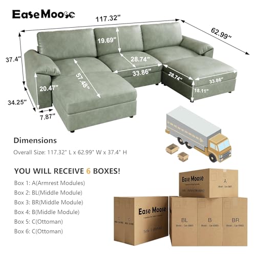 Image of EASE MOOSE Deep Seat Sectional Couch, Scratch Resistant Faux Leather Material, 5-Seat Oversized Modular Sofa for Living Room,U Shaped Classic Comfy Sofas for Living Room,Green