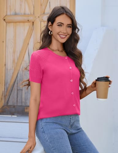 Image of FreshNight Women's 2025 Short Sleeve Cardigan Button Up Hollowed Out Crewneck Shrug Sweaters Knit Sweater Tops Lightweight