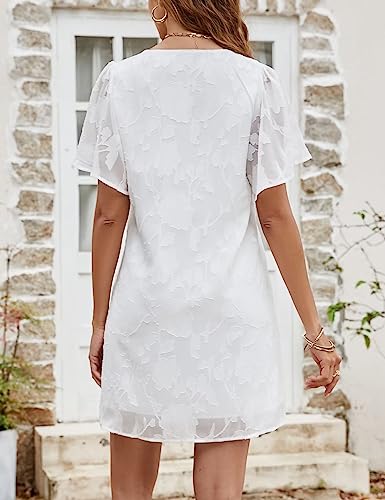 Cicibird Women's 2023 Summer Flowy Ruffle Sleeve Dresses Cute V Neck Sun Dress Casual Chiffon Mini Dress White #TOP1