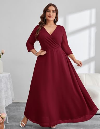 Image of ZOMVA Plus Size Maxi Formal Dress Lace Chiffon Floral V-Neck Wrap Wedding Guest Evening Gown Cocktail Prom 3 /4 Sleeves