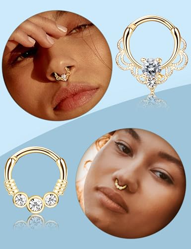 Drperfect 9PCS 16G Septum Rings Opal Daith Earrings Hoop Nose Rings 316L Stainless Steel CZ Cartilage Helix Tragus Earrings Septum Clicker Piercing Jewerly2