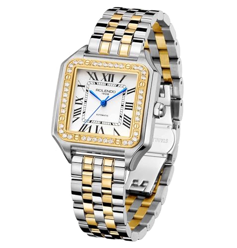 Image of ROLENDO Square Watches for Women, Automatic Self Winding, 33mm Ladies Watch Elegant, Roman Numerals, Mineral Glass, Diamond Analog Wrist Watches for Work Dress, Gift for Her, Two Toned Bracelet