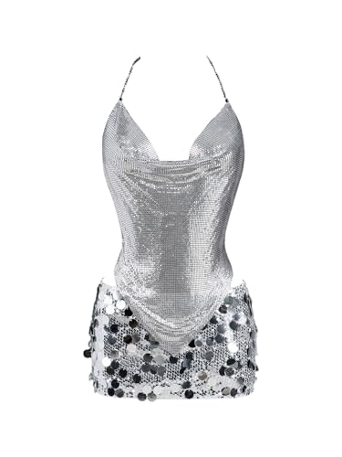 Floerns Women's Rhinestone Halter Tops Cowl Neck Sparkly Hanky Hem Date Night Cami Top