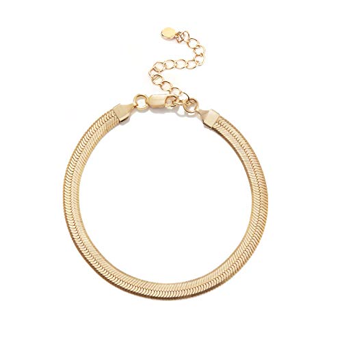 NUZON Gold Snake Chain Bracelet for Women Girls 14K Gold Plated Adjustable 5MM Flat Flexible Herringbone Link Bracelet Charm Minimalist Jewelry for Gift