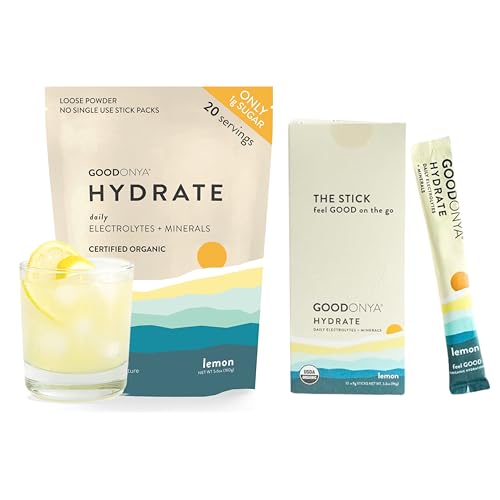 GOODONYA Organic Hydration Electrolyte Powder 20 Servings & Stick Packs 12ct | Lemon, Plant-Based