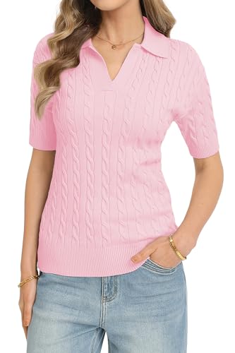 Image of QUALFORT Cable Knit Women's Short Sleeve Sweater Soft V Neck Polo Tops