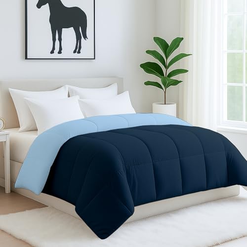 Image of Bed Comforter - Double Size - Navy Blue & Light Blue - 300 GSM Quilt Blanket Rajai - Winter Warm Down Alternative Duvet Insert with Corner Ties
